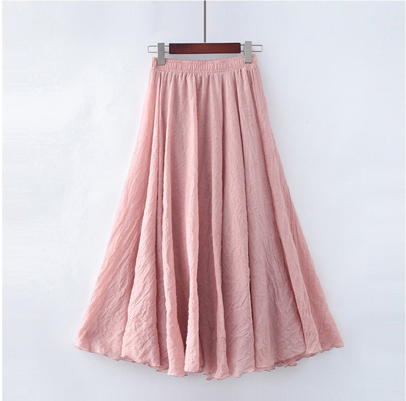 Cotton Linen Maxi Skirt Womens Casual Elastic High Waist Pleated