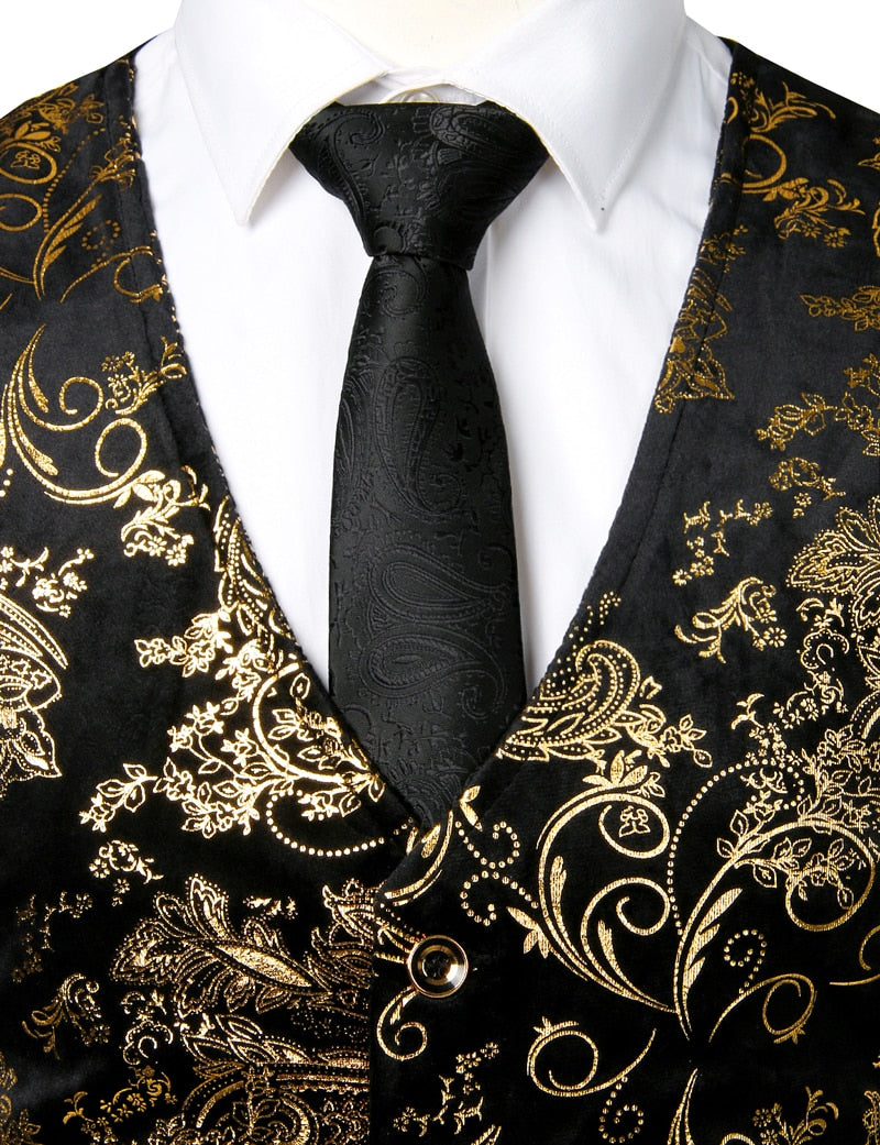 Mens Gold Metallic Paisley Printed Steampunk Vest Single Breasted V Neck