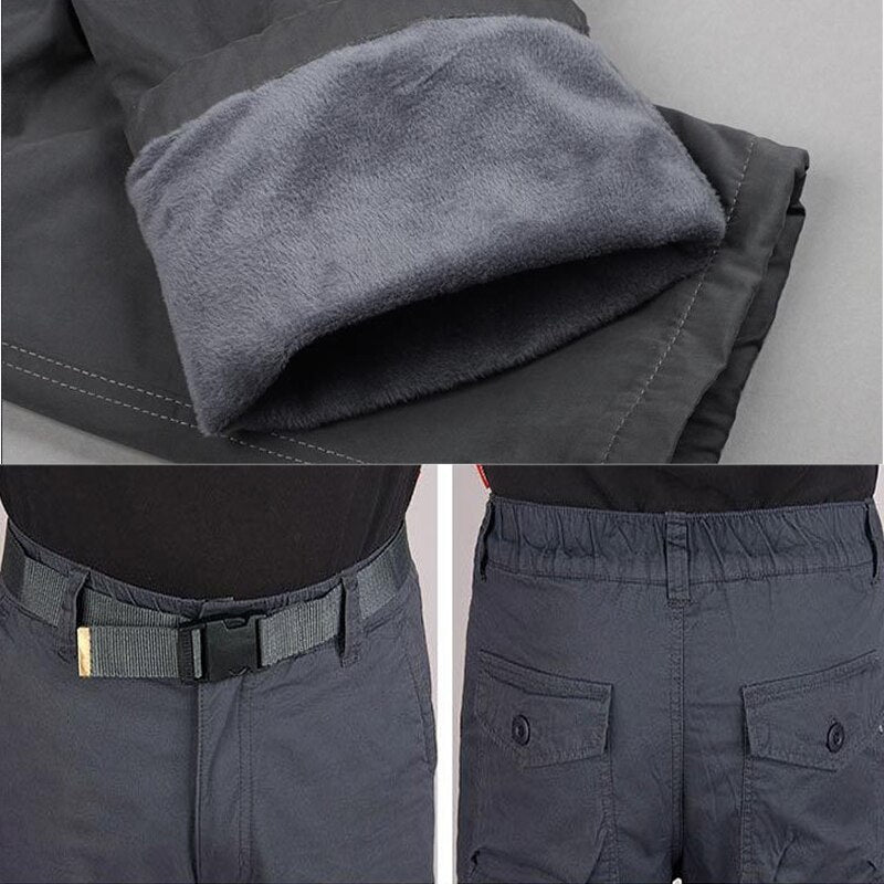 Winter Thick Fleece Casual Pants Men Cotton Multi Pocket Military Cargo