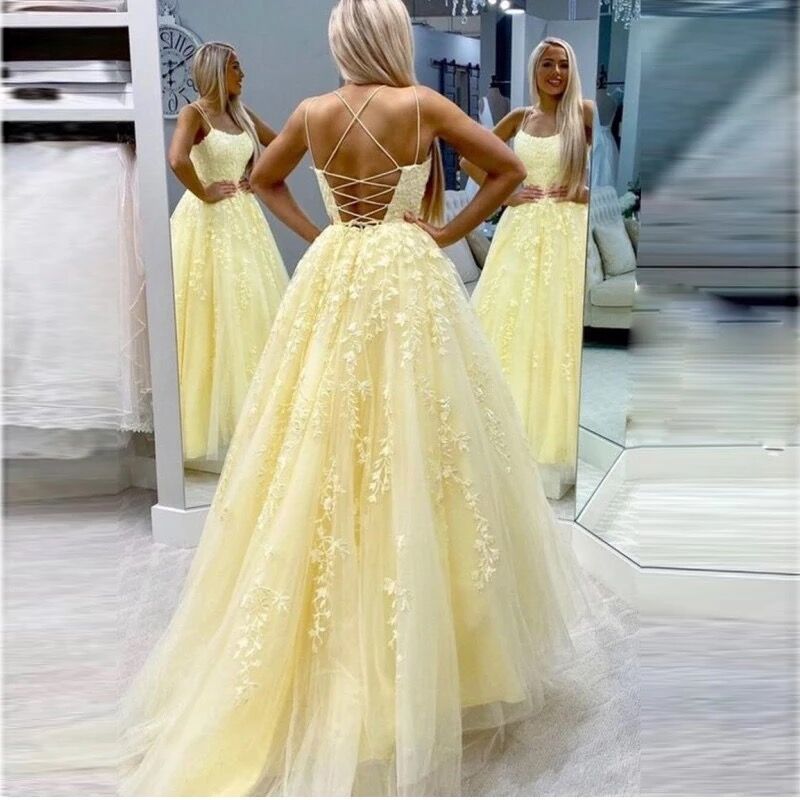 Homecoming Dresses: Prom Dresses Long Spaghetti Straps Lace-up Back Sleeveless