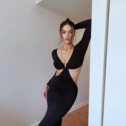 Long Sleeve Halter Sexy Cut Out Black Maxi Dresses Slim Fashion Outfits
