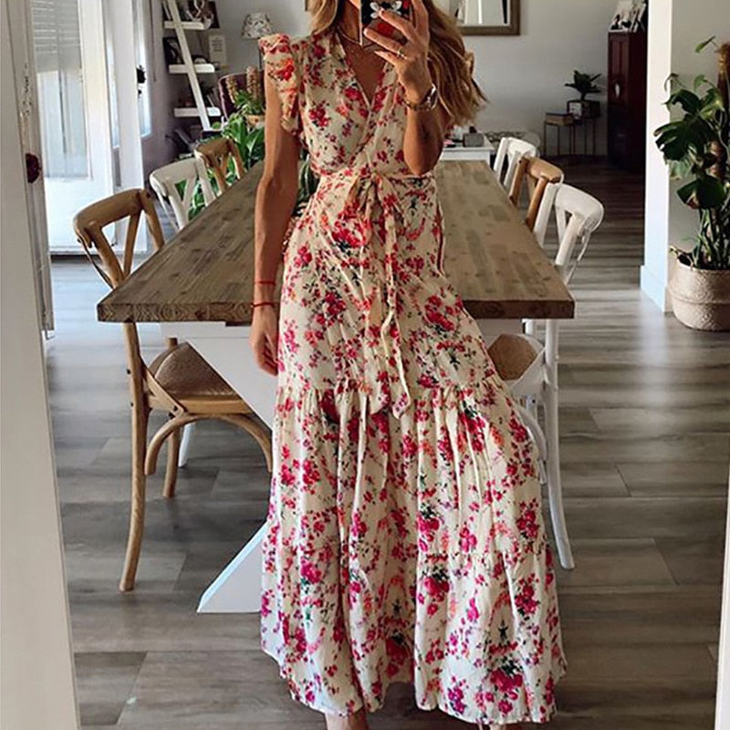 Women Elegant V-Neck Summer Dresses Casual Short Sleeve Dresses
