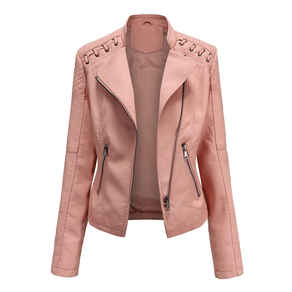 Women's Leather Jacket Slim Turn-down Collar Short PU Leather Jacket