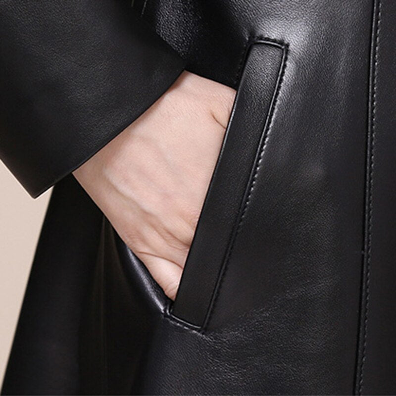 Spring autumn long black soft faux leather coat women long sleeve