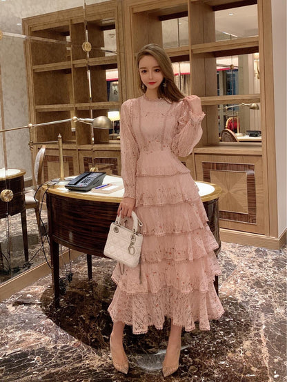 Vintage Spring Women Lace Embroidery Sweet Ruffles Layered Midi Long Dress