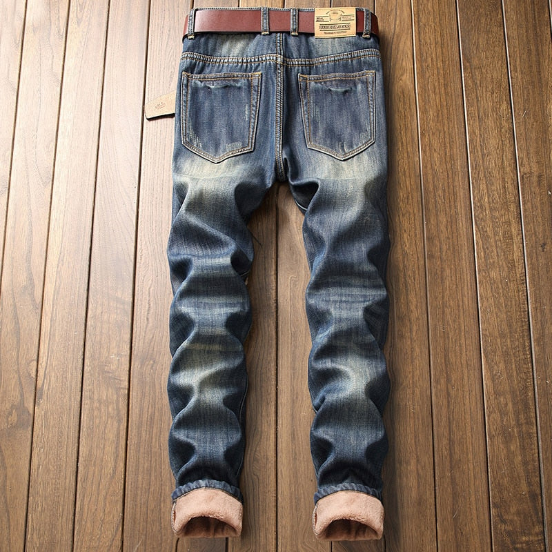 Winter Men Warm Fleece Jeans Retro Fashion Thicken Trousers