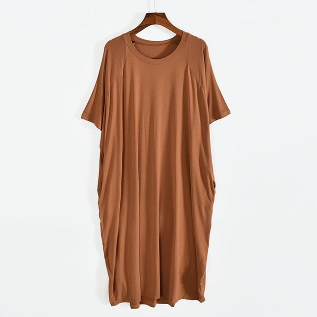 Plus Size 8XL 150kg Women Summer Modal Long Dress O Neck Short Sleeve Soft