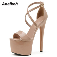 Fashion Platform Cross-Tied PU Modern Sandalias Peep Toe Thin Heels Sandals Women Classics Rome Solid Black