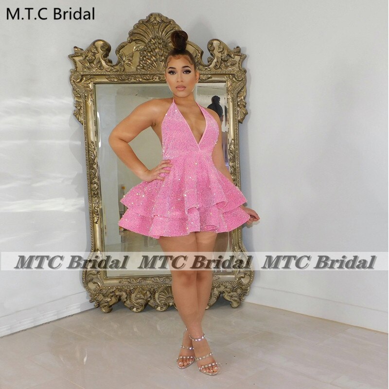 Homecoming Dresses: Short Black Prom Dresses Halter Tiered Sequins Mini Black Girls