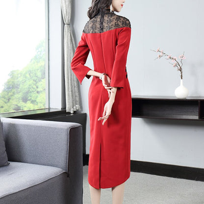 spring dress women cross-border V-Neck long sleeve lace splicing
