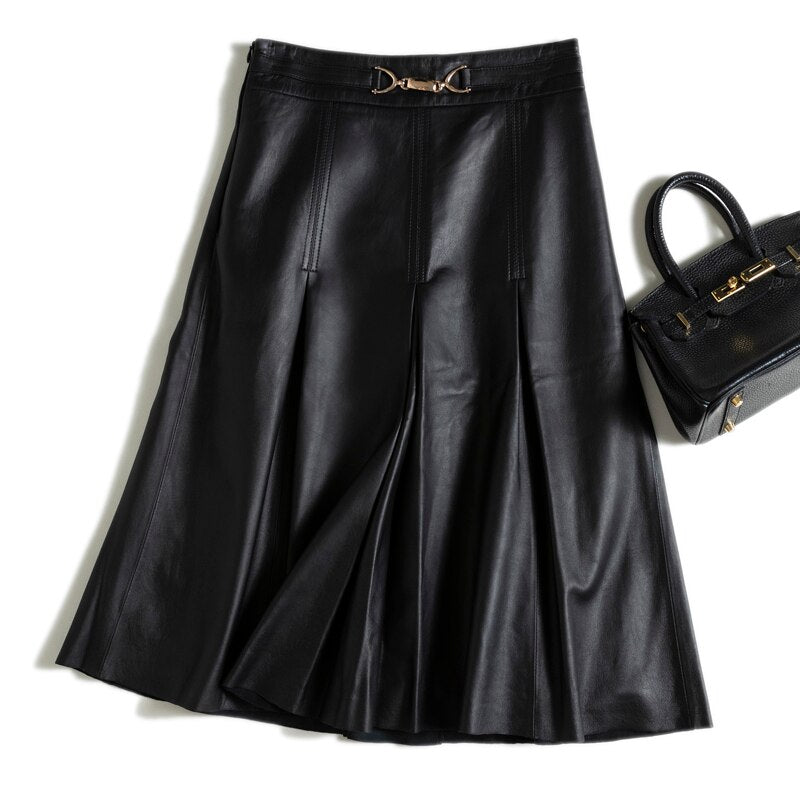 Literary Retro Leather Skirts Women Female 3D Metal  Tailoring High Waist Mid Long