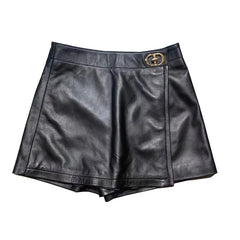 Leather Shorts Women Genuine Leather Empire Waist A-Line Skirt