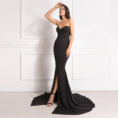 Sexy Strapless Long Black Maxi Dress Front Slit Bare Shoulder