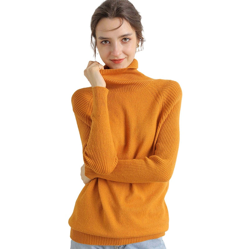Women Turtleneck Merino Wool Cashmere Sweater Long Sleeves Autumn Winter Sweater