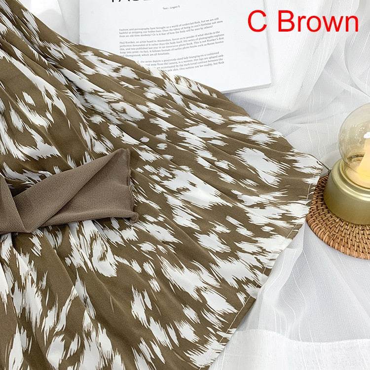 Fashion Elegant Vintage Leopard Print Pleated Skirt Elastic High Waist Long