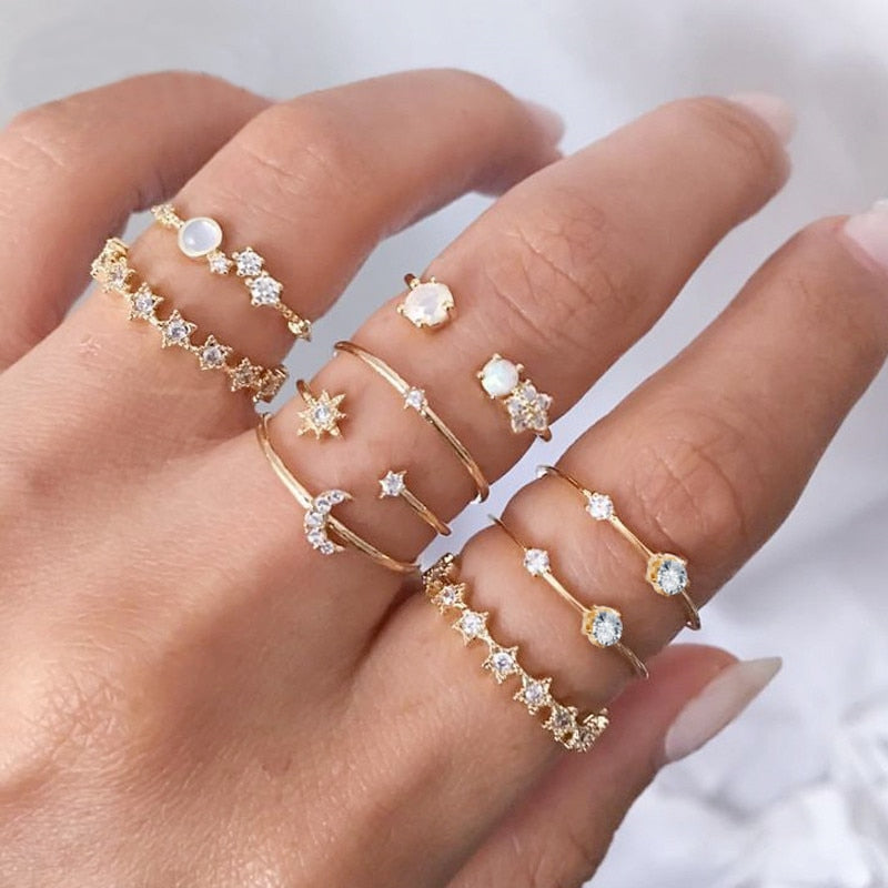Bohemian Vintage Gold Crystal Geometric Joint Ring Set for Women Star