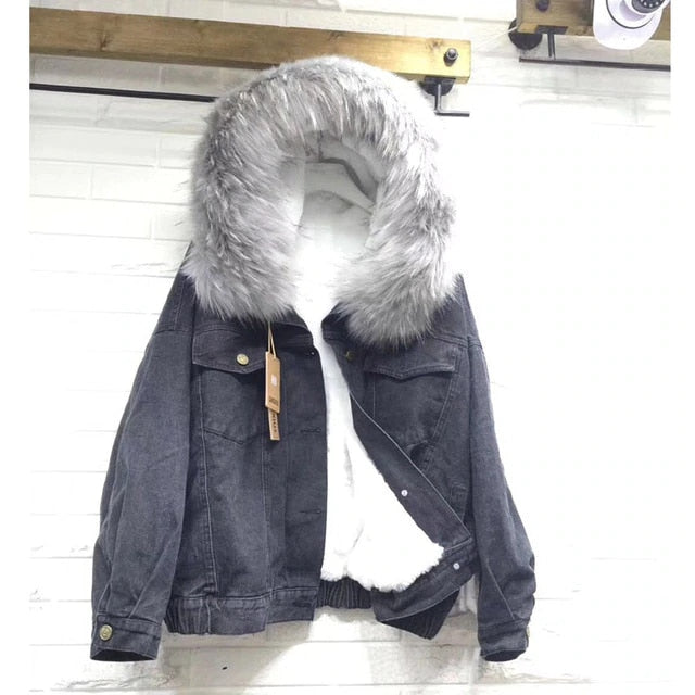 Velvet thick denim jacket female winter big faux fur collar coat female student short coat