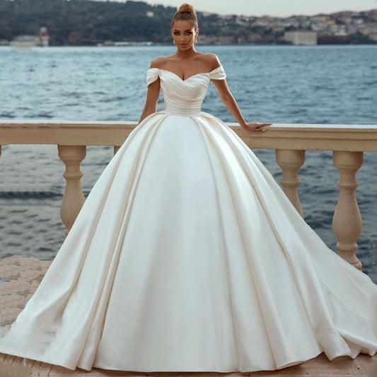 White Wedding Dresses Off Shoulder Sweep Train Bride Dress Lace Up