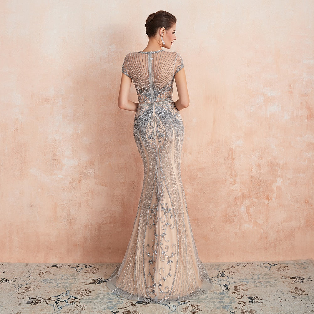 Evening wear Dresses: Wedding Evening Night Dresses Short Sleeves O Neck Beading