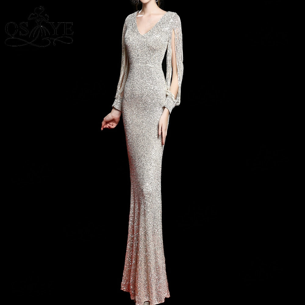 Evening wear Dresses: Silver Sequin Evening Dresses V neck Mermaid Prom Gown