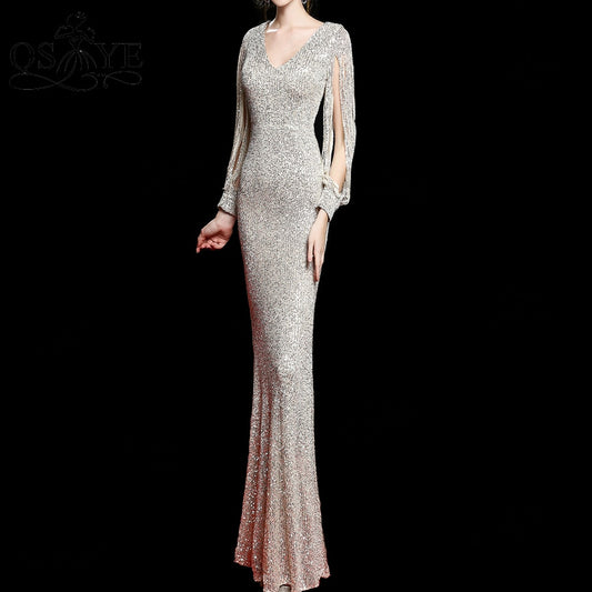 Evening wear Dresses: Silver Sequin Evening Dresses V neck Mermaid Prom Gown