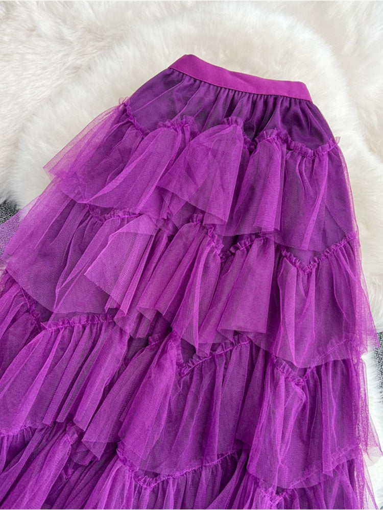 Tutu Tulle Long Skirts Womens Spring Korean Solid A Line High Waist