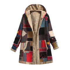 Winter Vintage Women Coat Warm Printing Thick Fleece Hooded Long Jacket