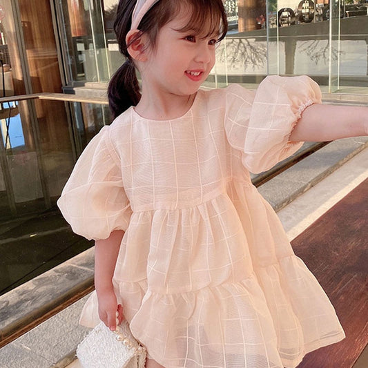 Summer Girls Dress Sweet Style Plaid Light Color Puff Sleeve Princess Dress