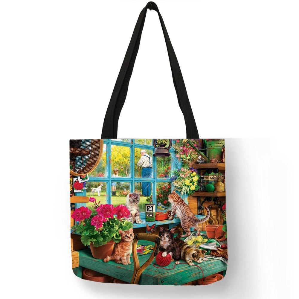 Customize Oil Painting Cat Print Womens Designer Tote Bags Linen