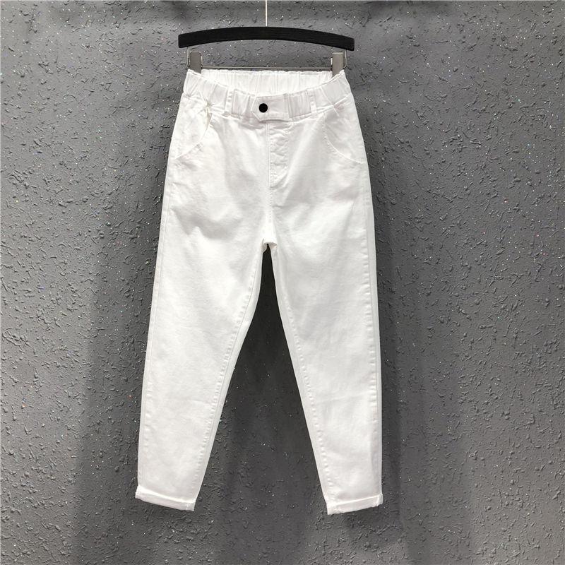 New Arrival Summer Women Harem Pants All-matched Casual Cotton Denim Pants Elastic Waist Plus Size Yellow White Jeans D321