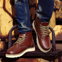 Red Retro Leather Boots Men Fur Warm Winter Boots Comfort British Style