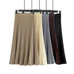 Vertical Striped knitted Women Sweater Skirt Elastic Band Pleated Midi Skirts