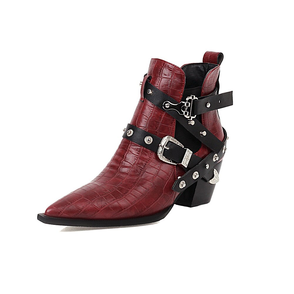 Motorcycle Western Cowboy Boots Women Snake PU Leather Short Cossacks