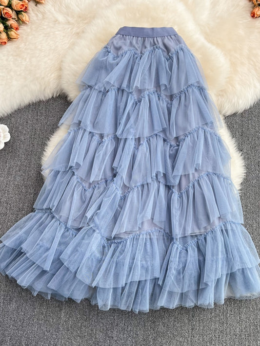 Tutu Tulle Long Skirts Womens Spring Korean Solid A Line High Waist