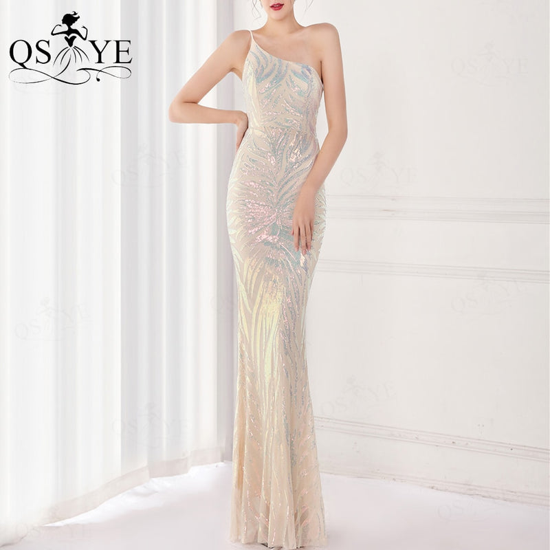Shiny Sequin Light Champagne Prom Dresses Mermaid One Shoulder Evening
