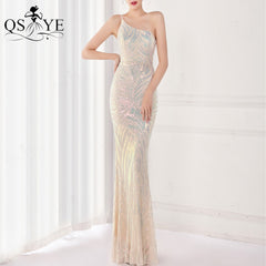 Shiny Sequin Light Champagne Prom Dresses Mermaid Evening Dress