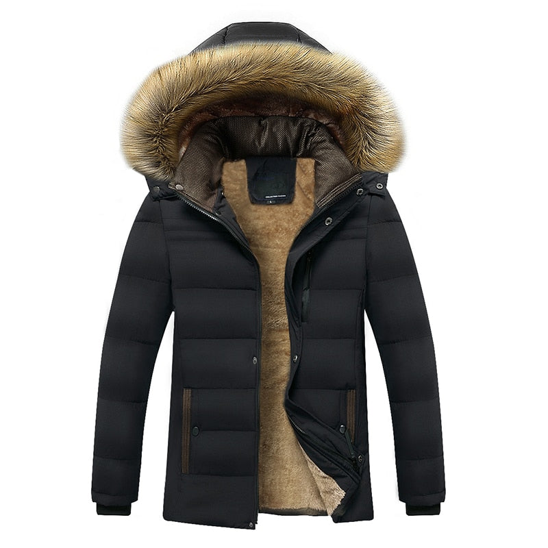 Warm Thick Fleece Parkas Men Waterproof Hooded Fur Collar Parka Jacket Coat