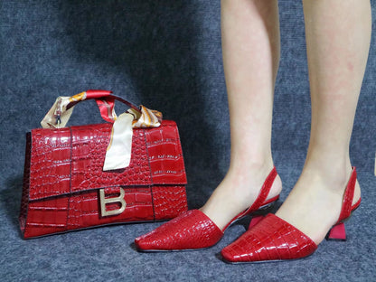 Red Women Shoes Match Big Handbag With Metal Decoration