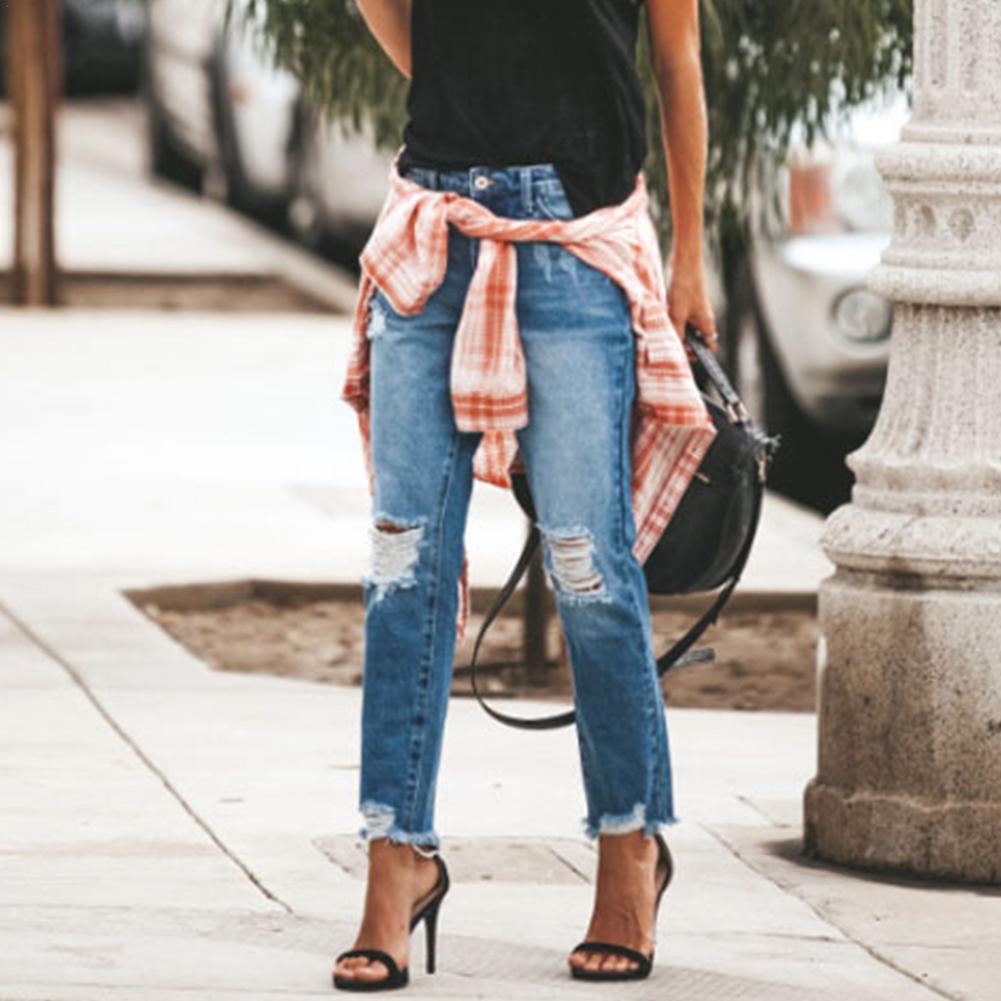 Women High Waist Jeans Ripped Holes Tassels Slimming Trousers Streetwear
