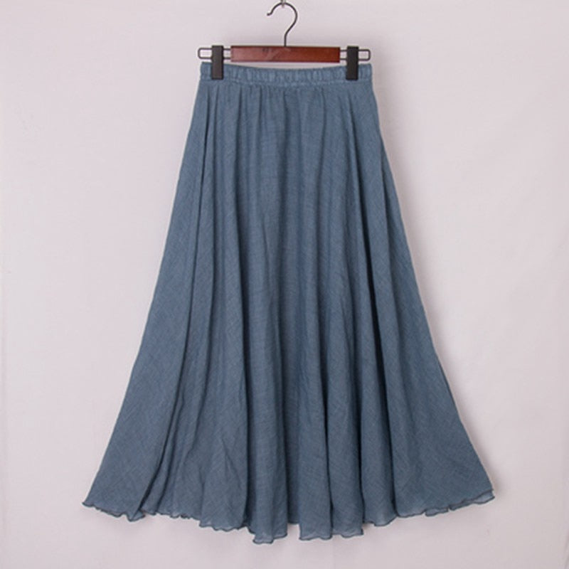 Cotton Linen Maxi Skirt Womens Casual Elastic High Waist Pleated