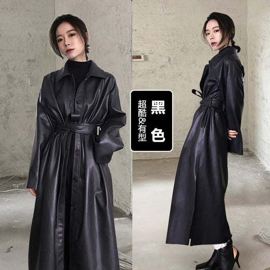 Autumn long leather trench coat for women long sleeve belt buttons
