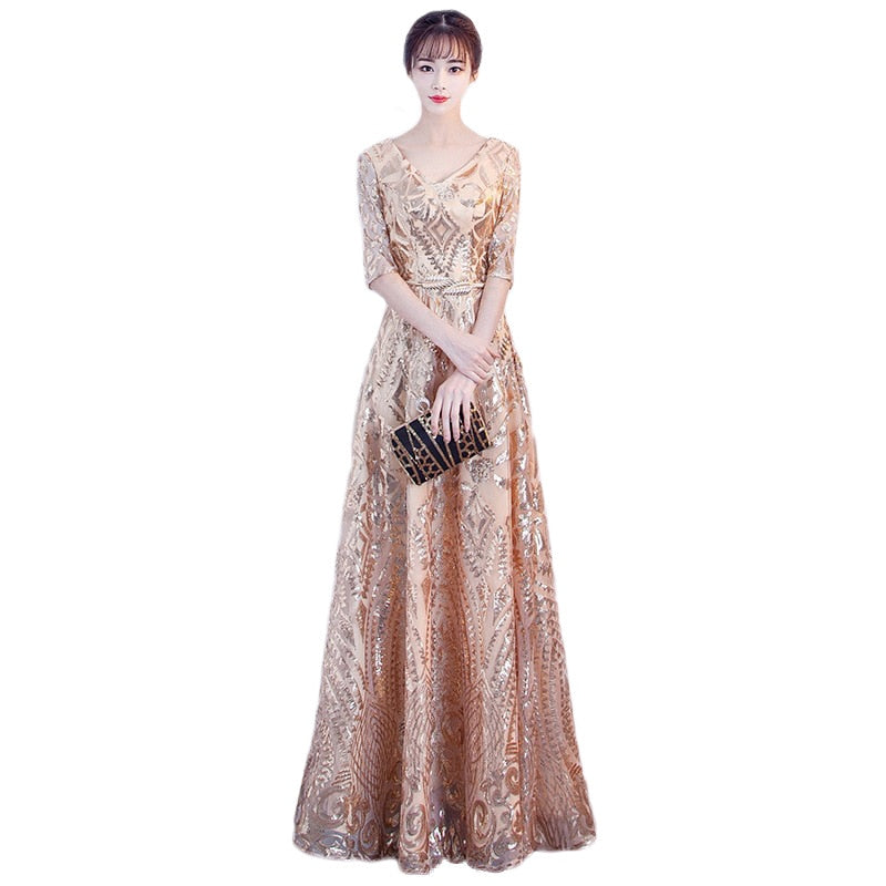 Evening wear Dresses: Women Banquet A- Line Dresses Slim V-Neck Host Formal Gown