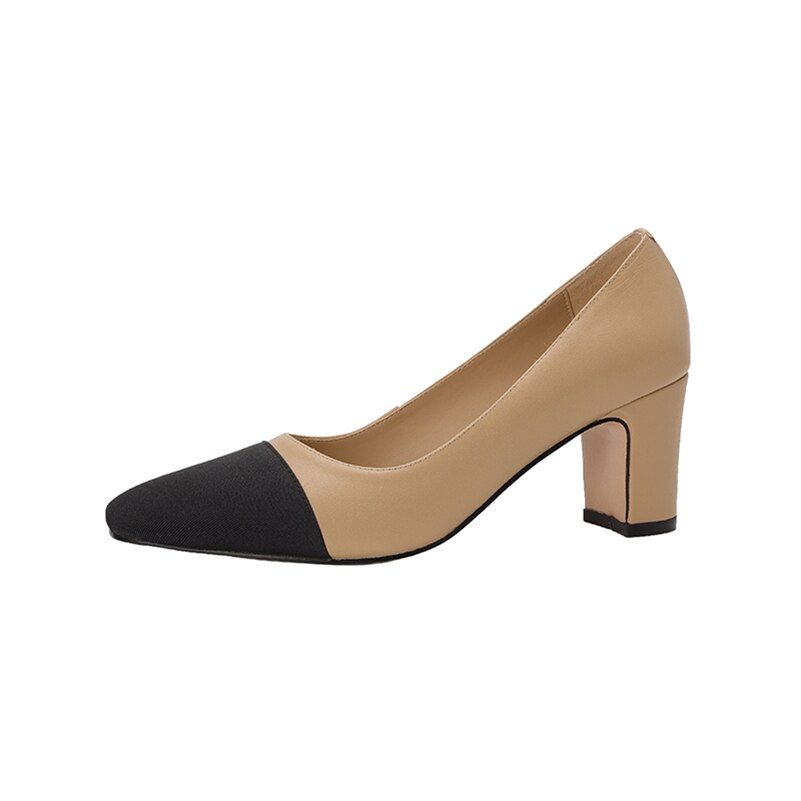 Women Genuine Leather Thick Heels Pumps Square Toe High Heel 6cm