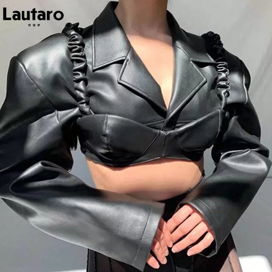 Lautaro Spring Autumn Short Black Light Faux Leather Jacket Women Long