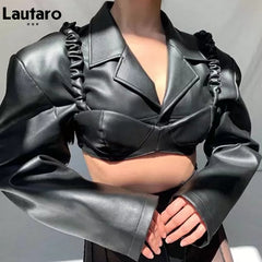 Spring Autumn Short Black Light Faux Leather Jacket Women Long