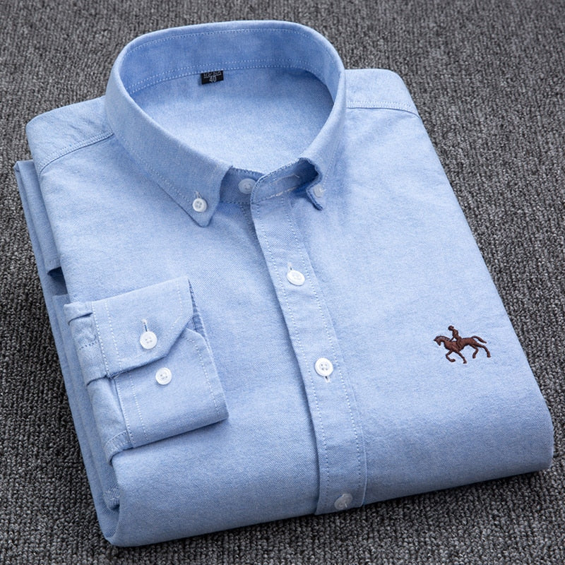 Cotton Oxford Shirt Men's Long Sleeve Embroidered Horse Casual