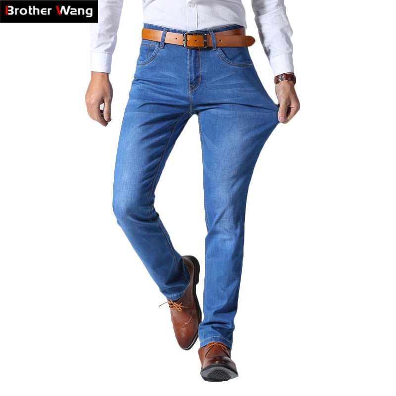 Brother Wang Classic Style Men Brand Jeans Business Casual Stretch Slim