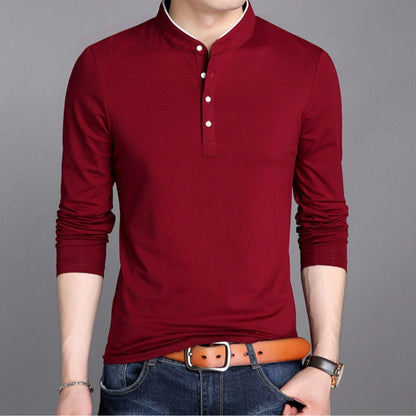 Spring Men Long Sleeve T Shirts Half Buttons Stand Collar Cotton