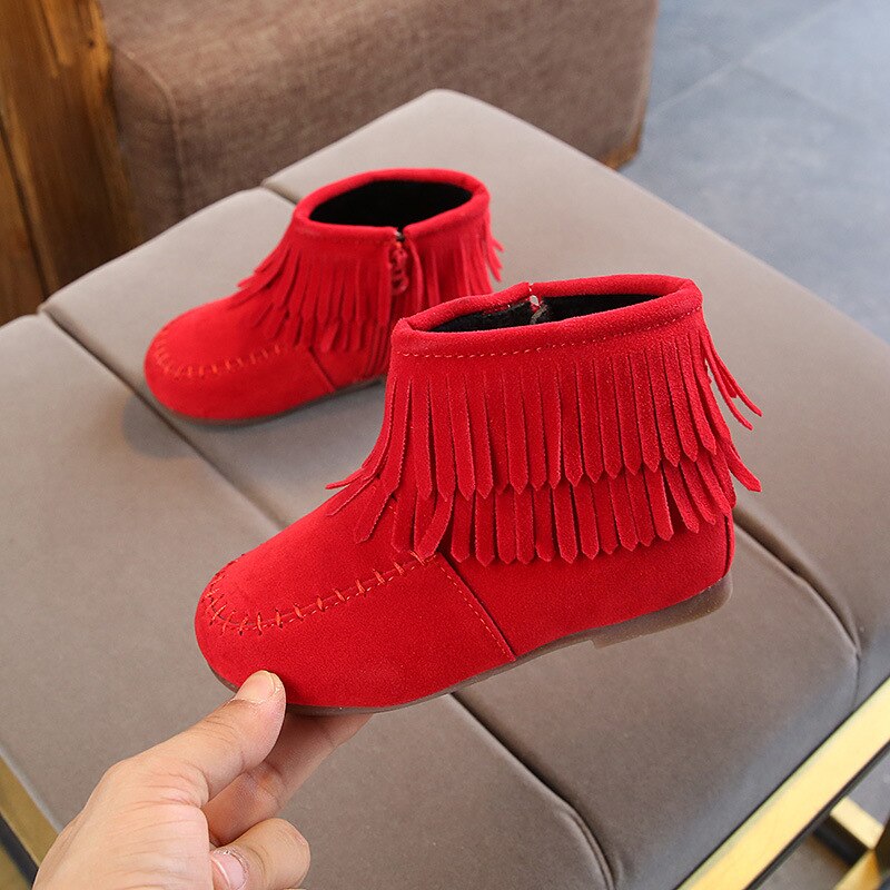 Fringes Girls Ankle Boots Princess Sweet Red Pink Black Flock Fabric Warm Rubber