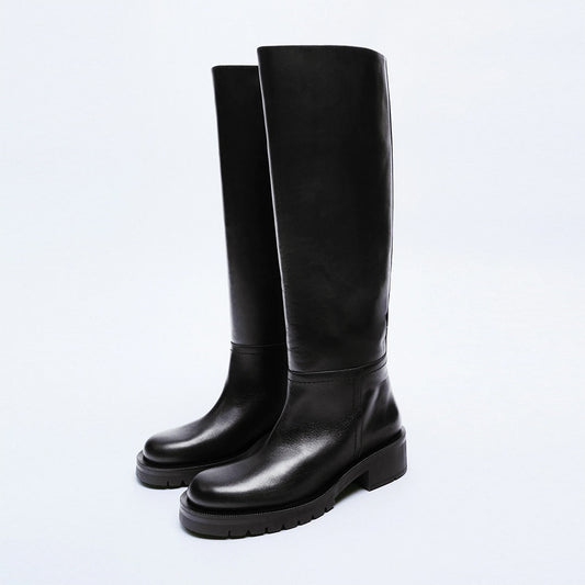 Fashion Women Knee High Boots Full Leather Warm Flats